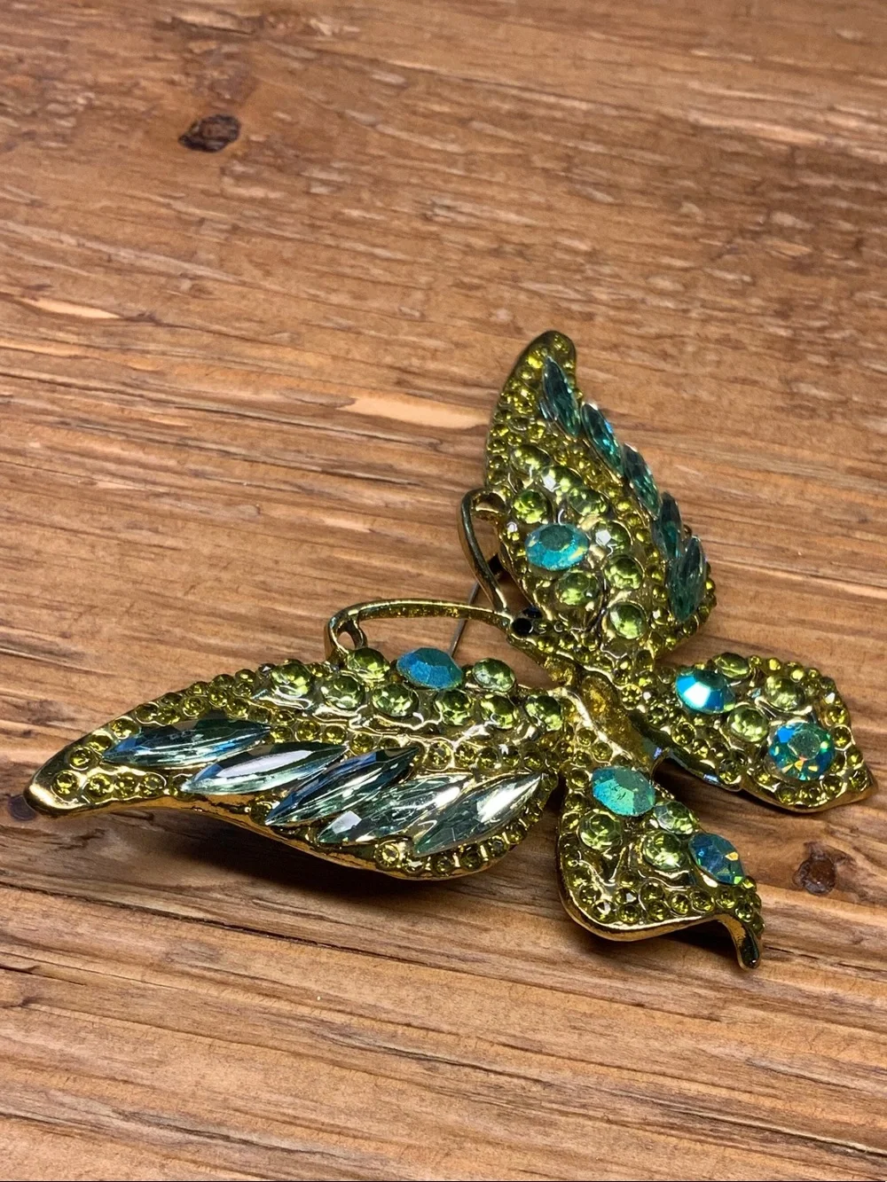 Green and Teal Crystal Butterfly Vintage Style Gold Tone Brooch